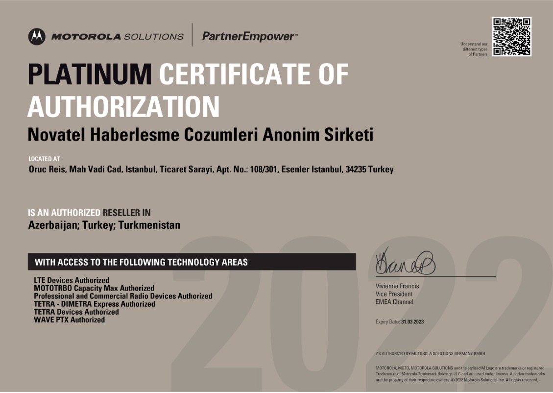 Motorola Solutions Platinum Distribütörlük Yetki Sertifikası
